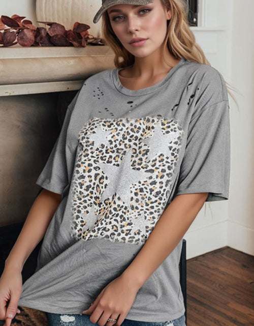 Load image into Gallery viewer, Stars Leopard Graphic Distressed T-Shirt
