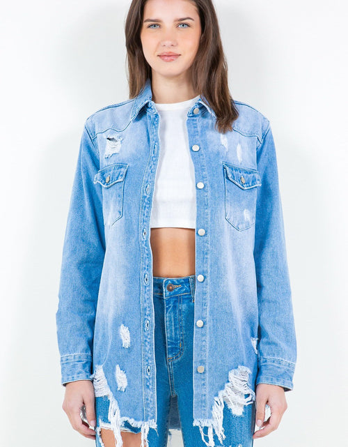 Load image into Gallery viewer, American Bazi Frayed Hem Distressed Denim Shirt Jacket
