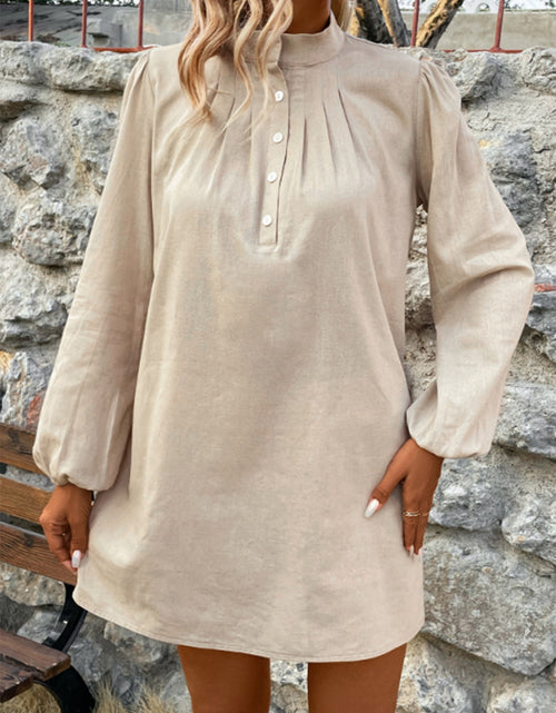 Load image into Gallery viewer, Half Button Mock Neck Long Sleeve Mini Shirt Dress
