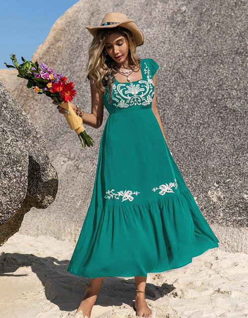 Load image into Gallery viewer, Embroidered Square Neck Cap Sleeve Dress
