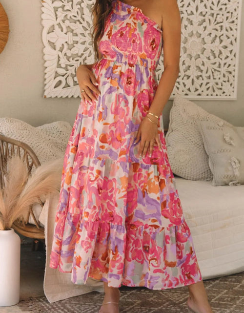 Load image into Gallery viewer, Floral Print Shirred One Shoulder Maxi Dress
