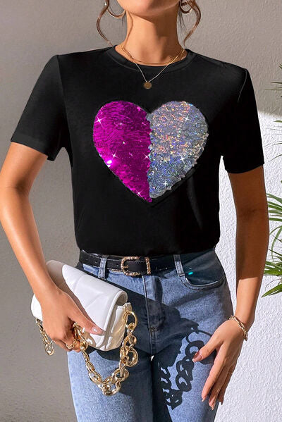 Load image into Gallery viewer, Heart Sequin Round Neck Short Sleeve T-Shirt
