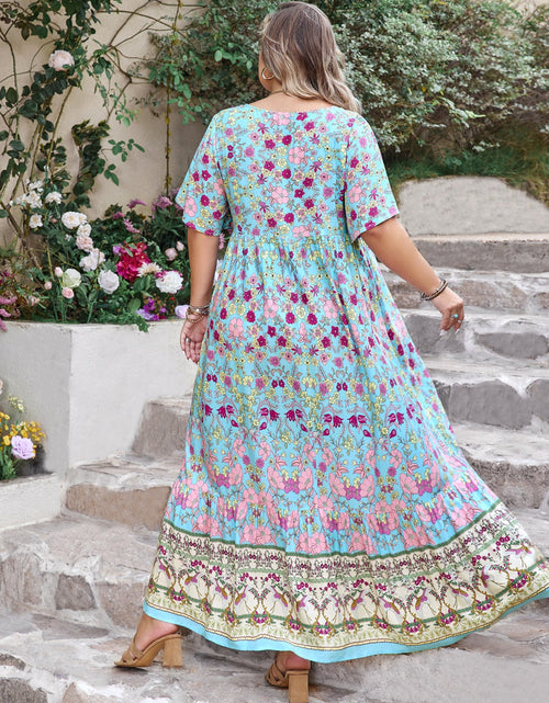 Load image into Gallery viewer, Plus Size Printed Tie Neck Flutter Sleeve Maxi Dress
