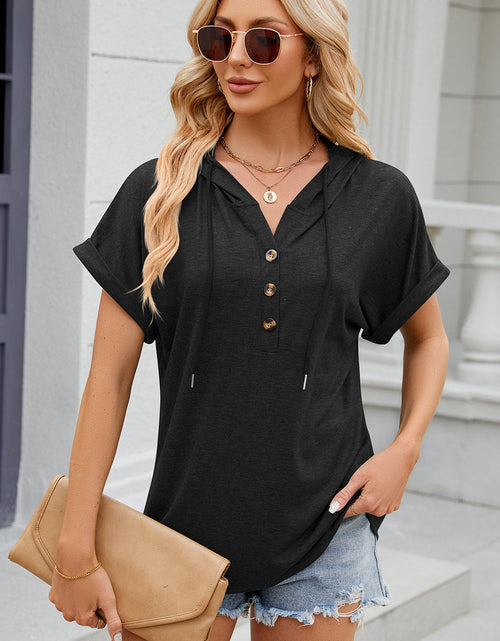 Load image into Gallery viewer, Half Button Drawstring Short Sleeve Hooded T-Shirt
