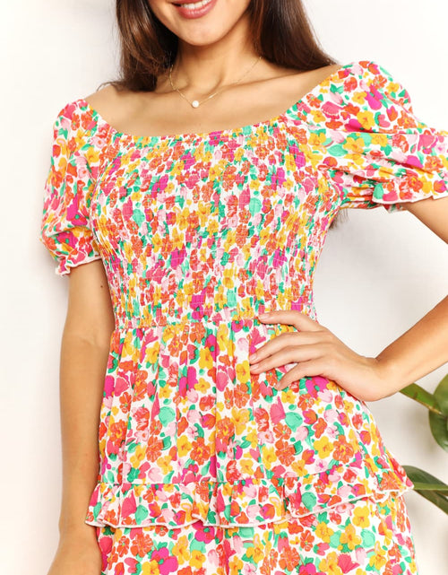 Load image into Gallery viewer, Devine Smocked Sweetheart Neck Flounce Sleeve Mini Dress
