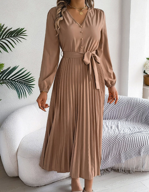Load image into Gallery viewer, Pleated Tied V-Neck Long Sleeve Dress
