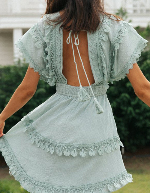 Load image into Gallery viewer, Lace Detail Plunge Short Sleeve Mini Dress
