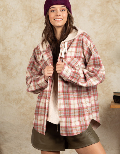 Load image into Gallery viewer, Drawstring Plaid Long Sleeve Hooded Jacket
