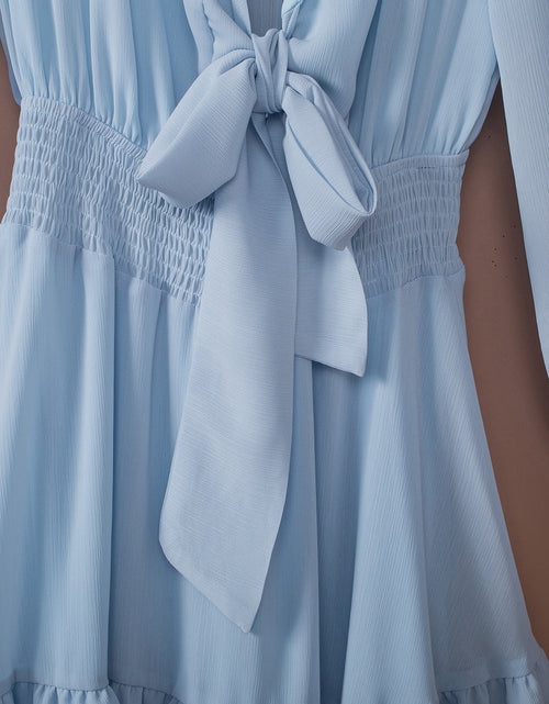 Load image into Gallery viewer, Tied Plunge Smocked Waist Flounce Sleeve Dress
