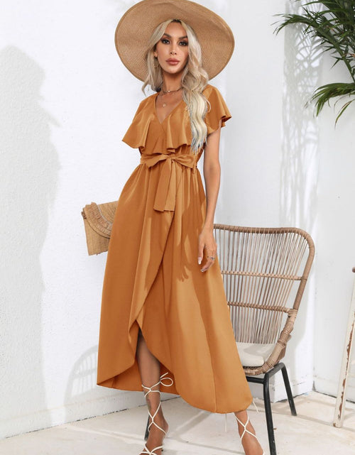 Load image into Gallery viewer, Tied Front Ruffled Short Sleeve Midi Dress
