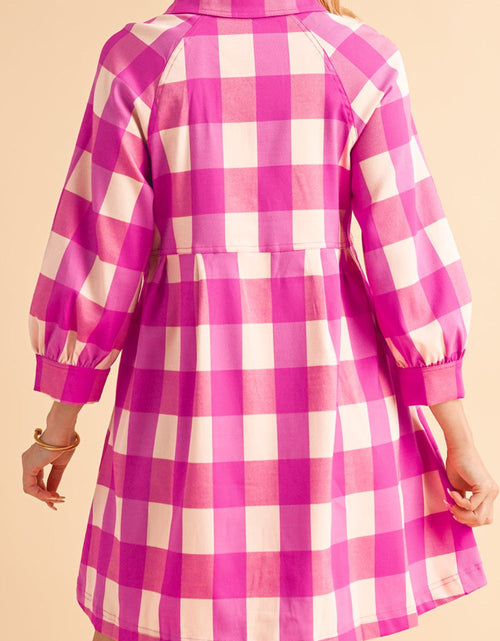 Load image into Gallery viewer, Ruched Plaid Three-Quarter Sleeve Shirt Dress
