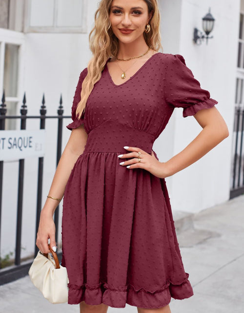 Load image into Gallery viewer, Swiss Dot Frill Trim Flounce Sleeve V-Neck Dress
