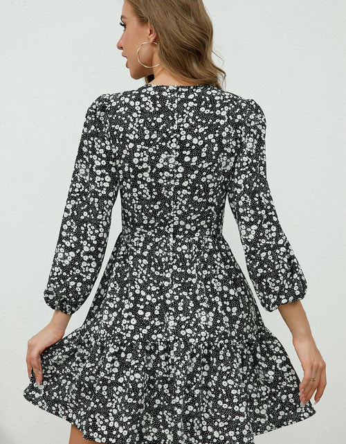 Load image into Gallery viewer, Printed Plunge Neck Flounce Sleeve Mini Dress
