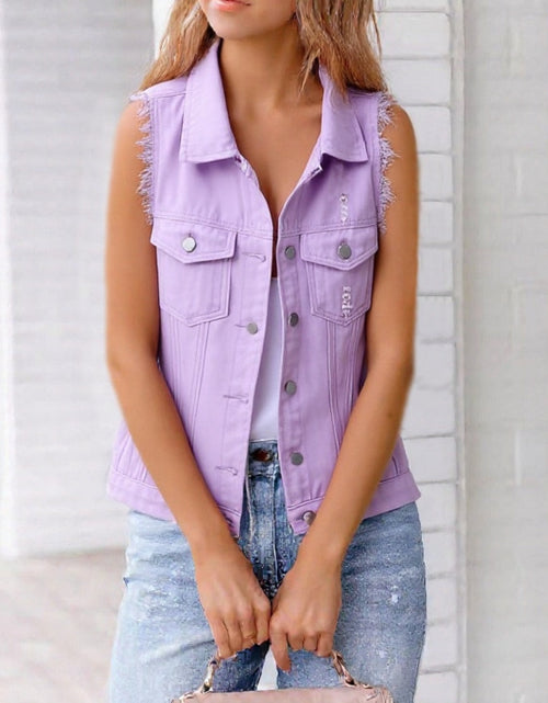 Load image into Gallery viewer, Full Size Button Down Raw Hem Sleeveless Denim Jacket Plus Size
