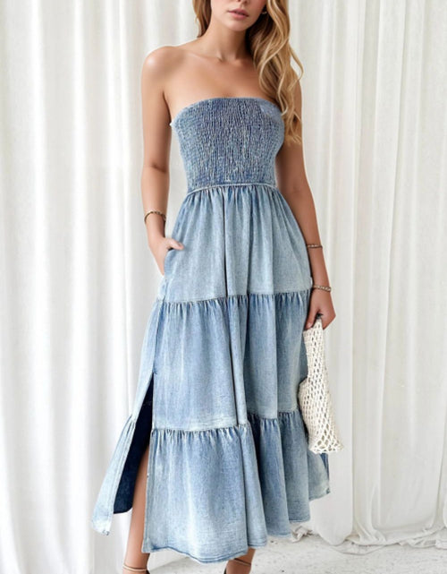 Load image into Gallery viewer, Smocked Tube Slit Tiered Denim Dress
