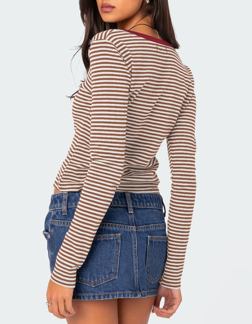 Load image into Gallery viewer, Buttoned Striped Long Sleeve T-Shirt
