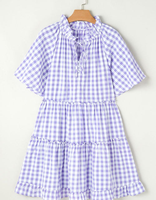 Load image into Gallery viewer, Plaid Tie Neck Short Sleeve Babydoll Mini Dress

