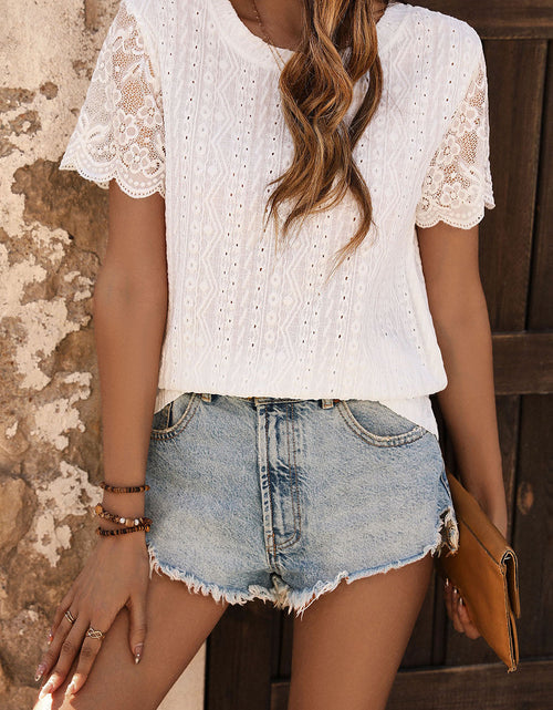 Load image into Gallery viewer, Perfee Eyelet Round Neck Short Sleeve T-Shirt
