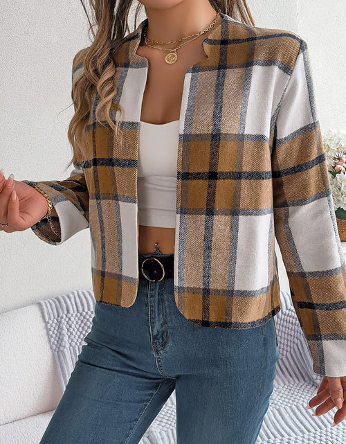 Load image into Gallery viewer, Plaid Open Front Long Sleeve Jacket
