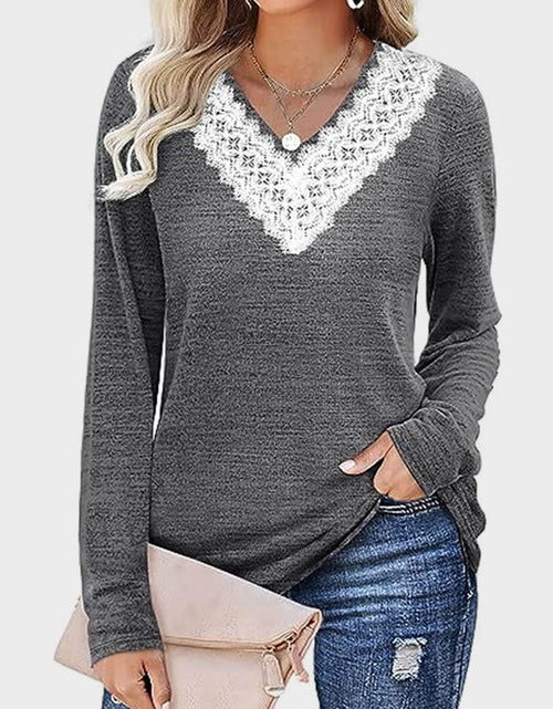 Load image into Gallery viewer, Lace Detail V-Neck Long Sleeve T-Shirt
