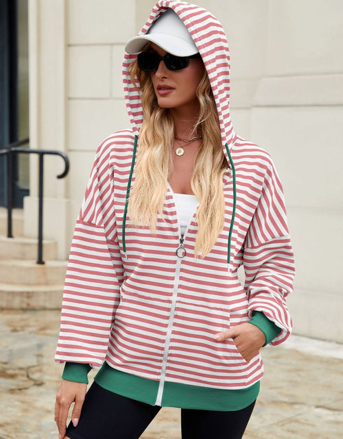 Load image into Gallery viewer, Drawstring Striped Zip Up Long Sleeve Hoodie
