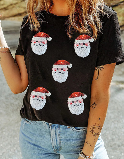 Load image into Gallery viewer, Sequin Santa Round Neck Short Sleeve T-Shirt
