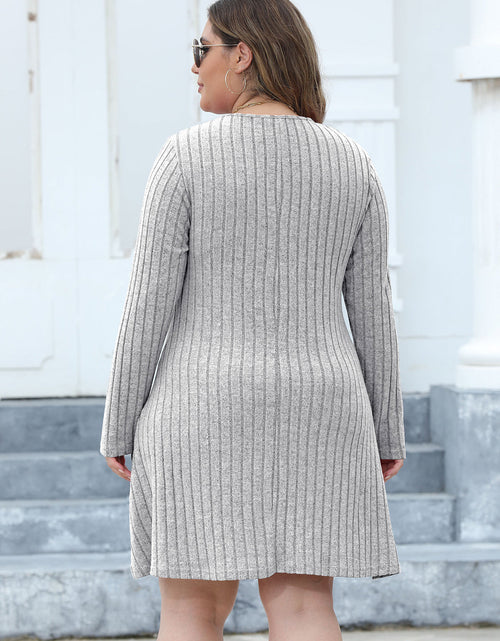 Load image into Gallery viewer, Plus Size Ribbed Buttoned V-Neck Long Sleeve Dress
