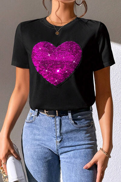 Load image into Gallery viewer, Heart Sequin Round Neck Short Sleeve T-Shirt
