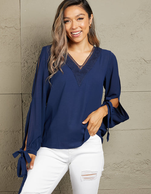 Load image into Gallery viewer, Perfee V-Neck Tie Cuff Slit Blouse
