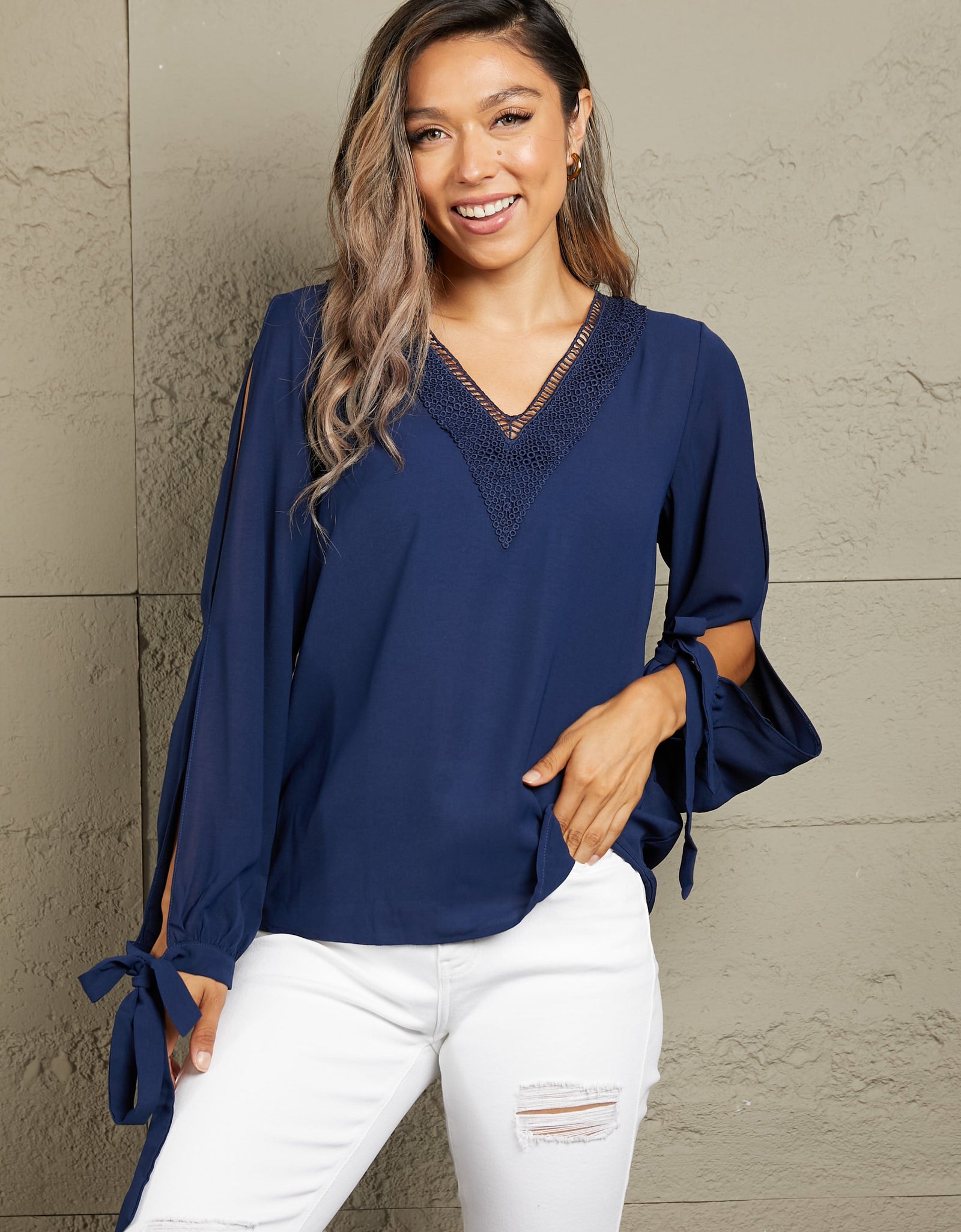 Perfee V-Neck Tie Cuff Slit Blouse