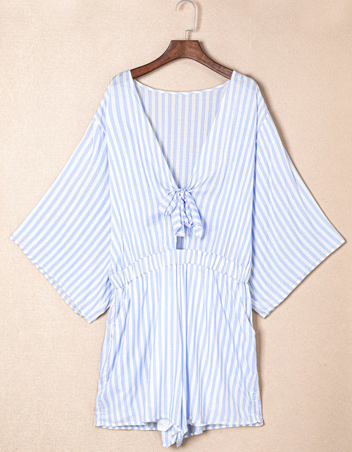 Load image into Gallery viewer, Bow Striped Kimono Sleeve Romper

