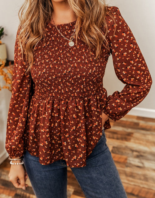 Load image into Gallery viewer, Floral Smocked Ruffle Hem Long Sleeve Blouse

