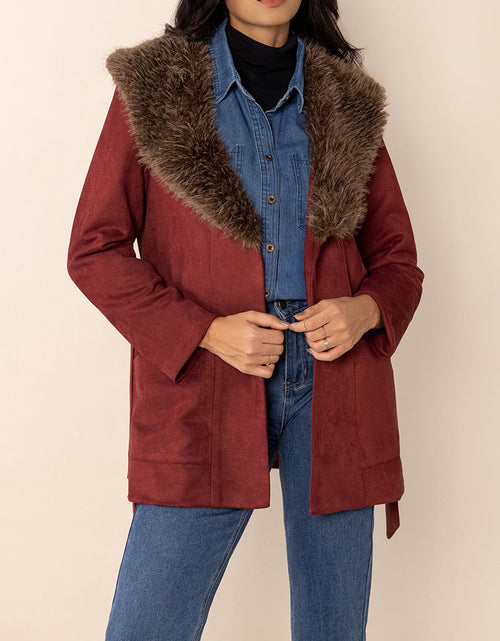 Load image into Gallery viewer, Fuzzy Collared Neck Tie Waist Jacket
