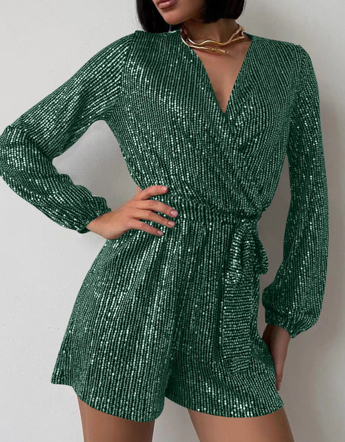 Load image into Gallery viewer, Full Size Sequin Surplice Tie Waist Long Sleeve Romper
