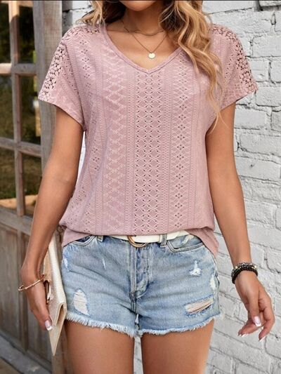 Load image into Gallery viewer, Eyelet V-Neck Short Sleeve T-Shirt

