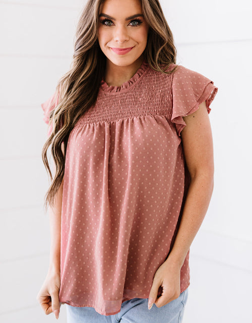 Load image into Gallery viewer, Polka Dot Smocked Flutter Sleeve Blouse
