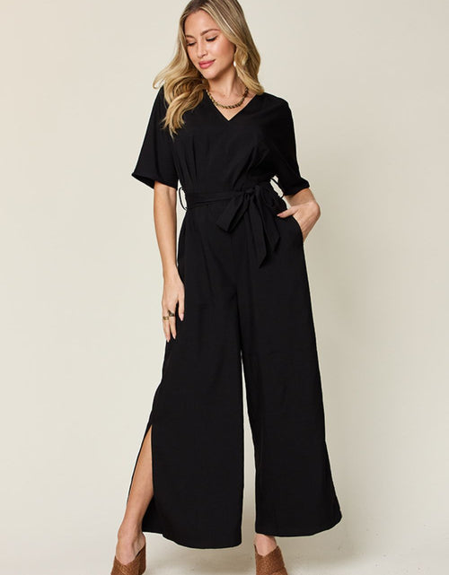 Load image into Gallery viewer, Double Take Full Size V-Neck Tied Side Slit Jumpsuit

