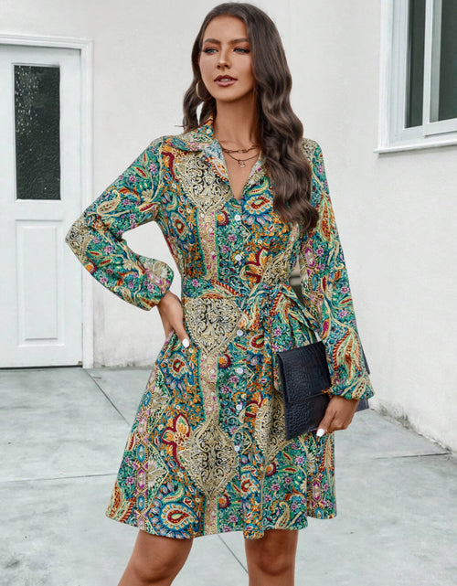 Load image into Gallery viewer, Printed Collared Neck Long Sleeve Dress
