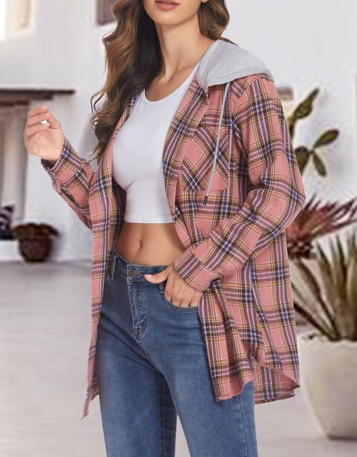 Load image into Gallery viewer, Plaid Drawstring Button Up Hooded Jacket
