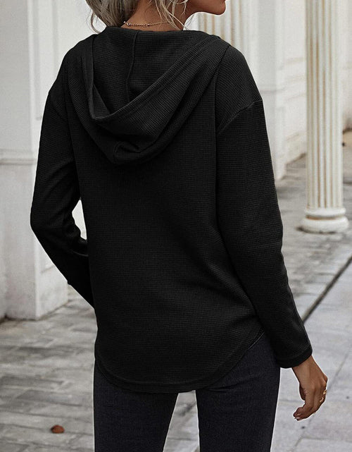 Load image into Gallery viewer, Drawstring Waffle Knit Long Sleeve Hooded Top
