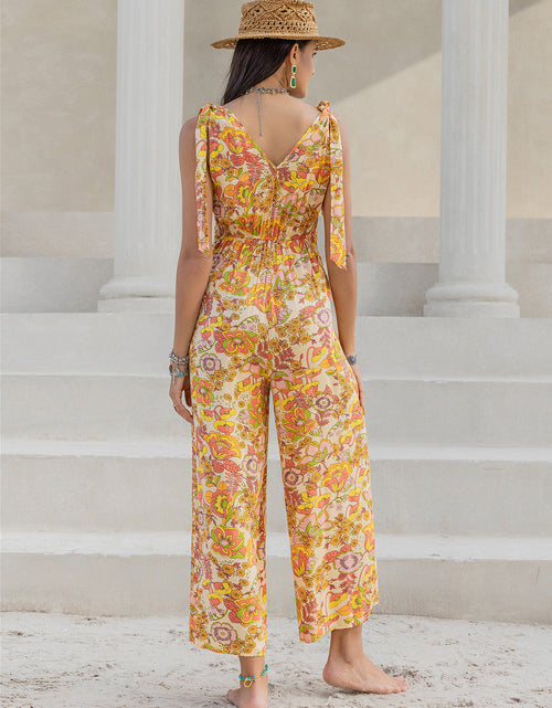 Load image into Gallery viewer, Printed V-Neck Tie Shoulder Jumpsuit
