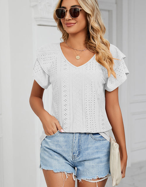 Load image into Gallery viewer, Eyelet V-Neck Short Sleeve T-Shirt
