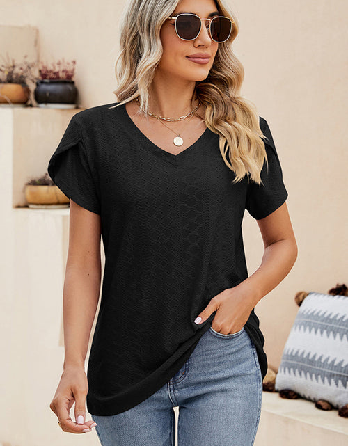 Load image into Gallery viewer, Eyelet V-Neck Petal Sleeve T-Shirt
