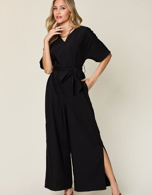 Load image into Gallery viewer, Double Take Full Size V-Neck Tied Side Slit Jumpsuit
