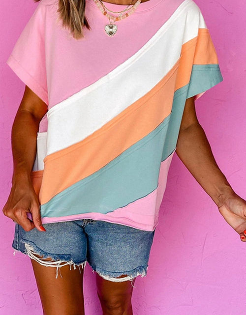 Load image into Gallery viewer, Color Block Round Neck Short Sleeve T Shirt
