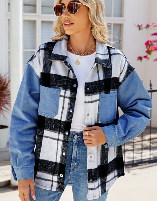Load image into Gallery viewer, Pocketed Plaid Snap Down Denim Jacket
