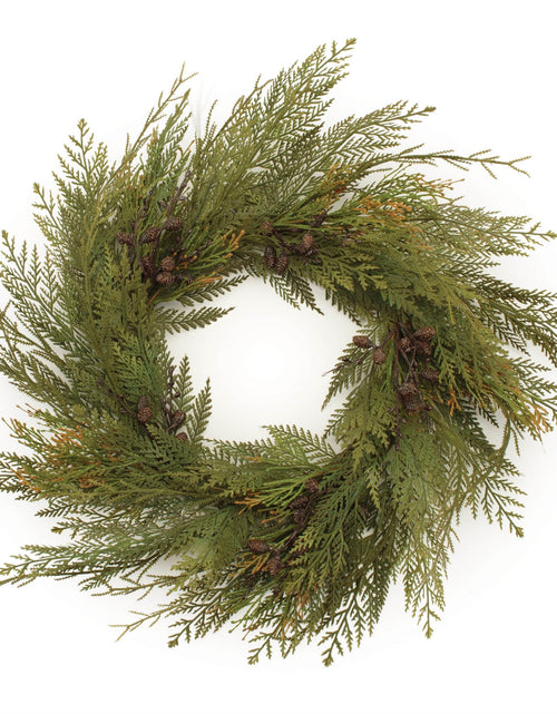 Load image into Gallery viewer, Cedar and Mini Pinecone Wreath 30"D
