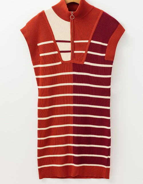 Load image into Gallery viewer, Striped Quarter Zip Cap Sleeve Sweater Dress
