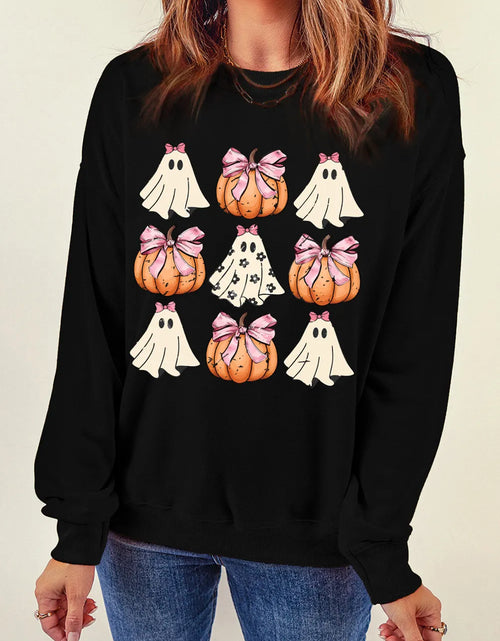 Load image into Gallery viewer, Pumpkin &amp; Ghost Round Neck Long Sleeve Sweatshirt
