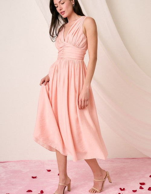Load image into Gallery viewer, Mittoshop Ruched V-Neck Sleeveless Midi Dress
